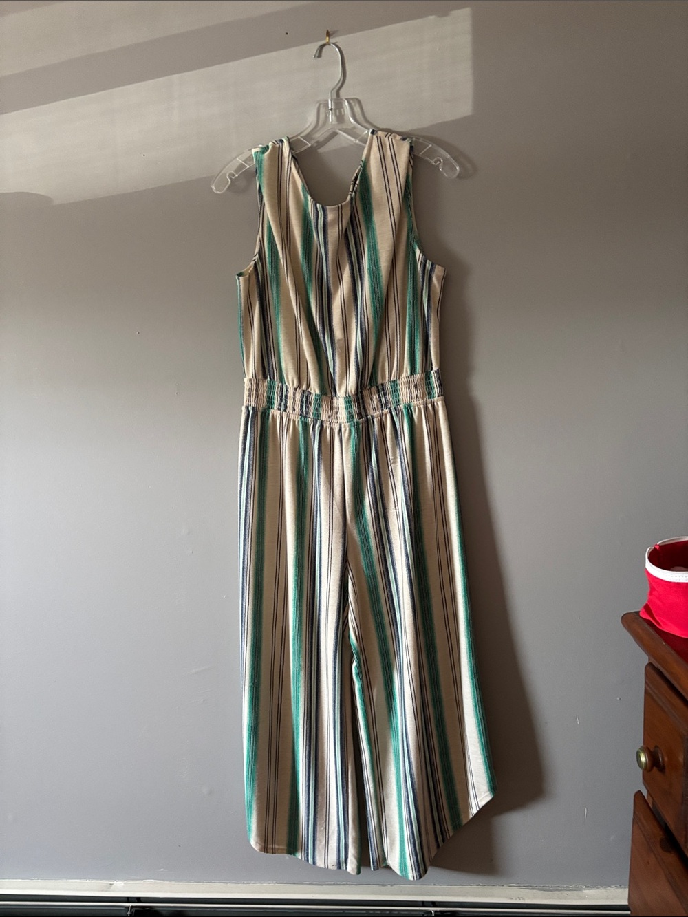Striped Sleeveless Wide-Leg Jumpsuit in Cream & Teal